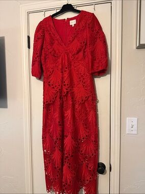 Adelyn Rae Red Eyelet Lace Midi Dress